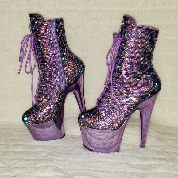 Lavender Purple Rhinestone High Heel Ankle Boots Bejeweled 1020CHRS